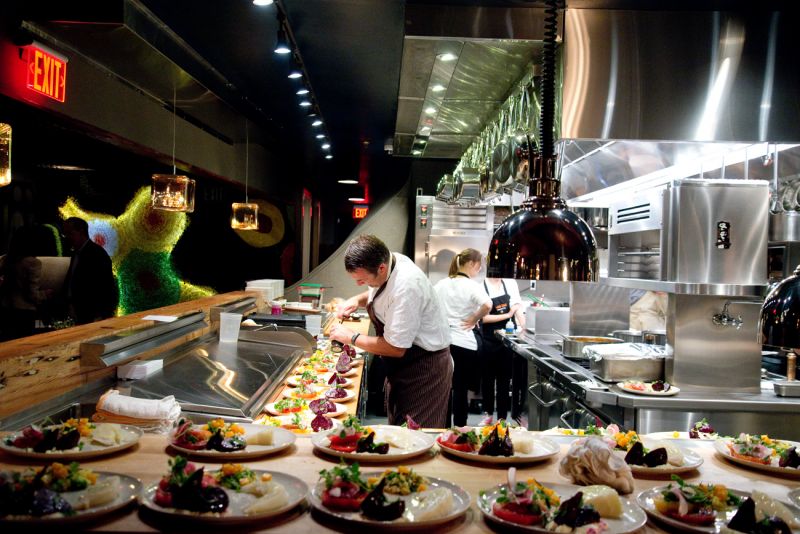 The first course dishes stretched the length of the long bar in front of Four Ninety-Two’s open kitchen.