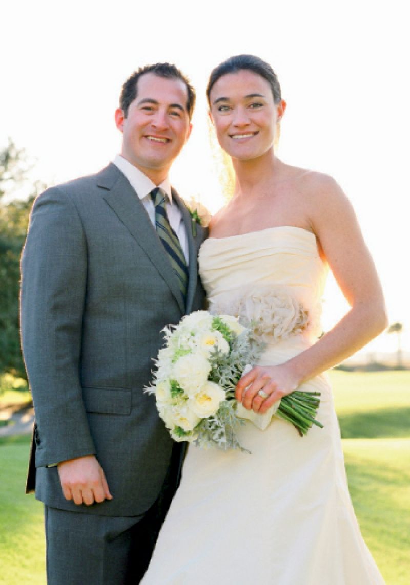 EMERALD GREEN: The year-round verdant green of the course set the dominant color for the wedding’s décor and offset its otherwise muted tones, like Scott’s suit and Kimberly’s subtly shaded bouquet.