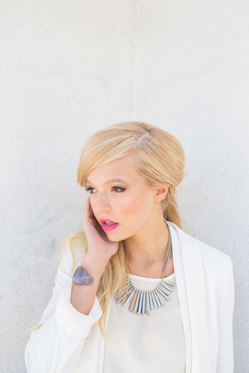 Mantu jacket, price upon request at RTW; Julie Brown blouse, $162 at Copper Penny; Whitley V fringed necklace, $42 at Copper Penny; Van H. carved agate cuff with diamond detail, $350 at vanhjewelry.com