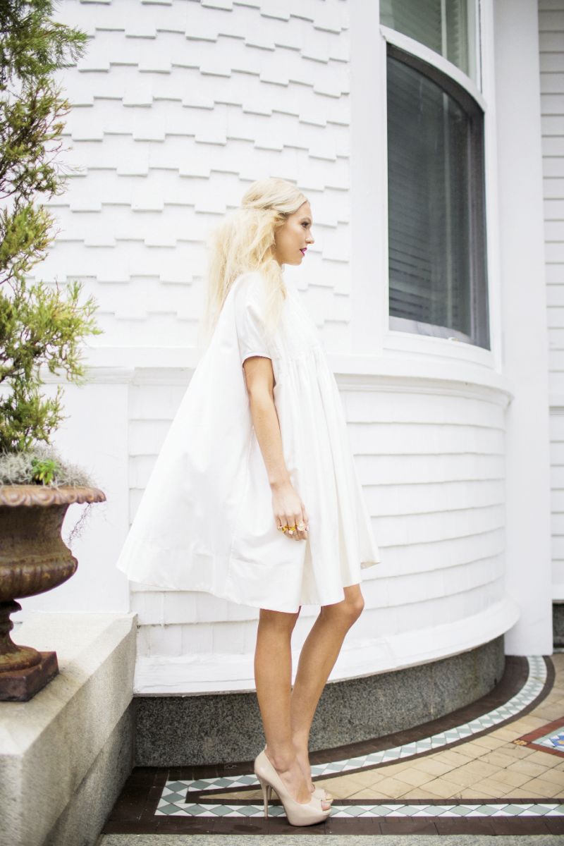 Dear Prudence: Cynthia Rowley silk dress, $525 at Cynthia Rowley; “Leanora” peep-toe pumps, $80 at Aldo; rings (see next slide)
