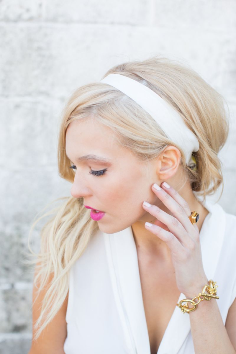 Lucy Love “Coco” top, $39 at Willy Jay’s; Julie Collection gold link bracelet, $295 at Finicky Filly; Van H. rings, $130 - $325 at vanhjewelry.com; scarf is stylist’s own