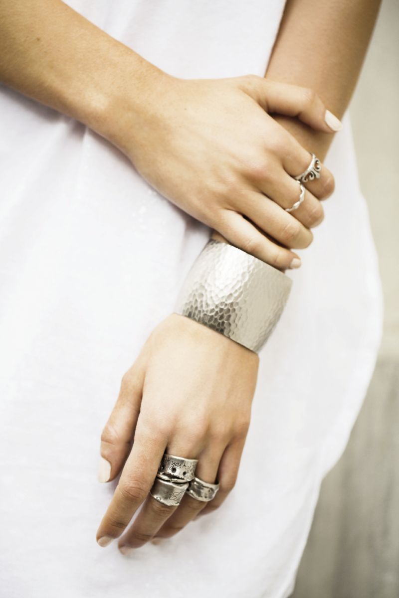 Ob-La-Di, Ob-La-Da: “Tiara” ring, $120, &amp; “Marquis” stack ring, $50, both by Amery Carriere Designs at Out of Hand; Whitley V hammered silver cuff, $40 at Copper Penny; Atchoo “Thank You Angels” silver ring, $120, slim silver ring, $28, Atchoo “Oser” silver ring, $135, &amp; Avindy heavy sterling silver ring, $215; all at Out of Hand