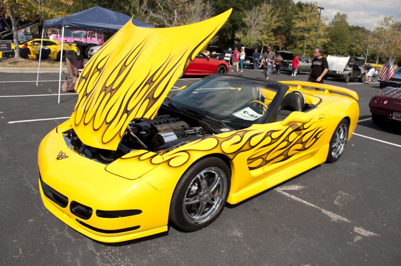 Flames had been custom-painted down the sides of the car.