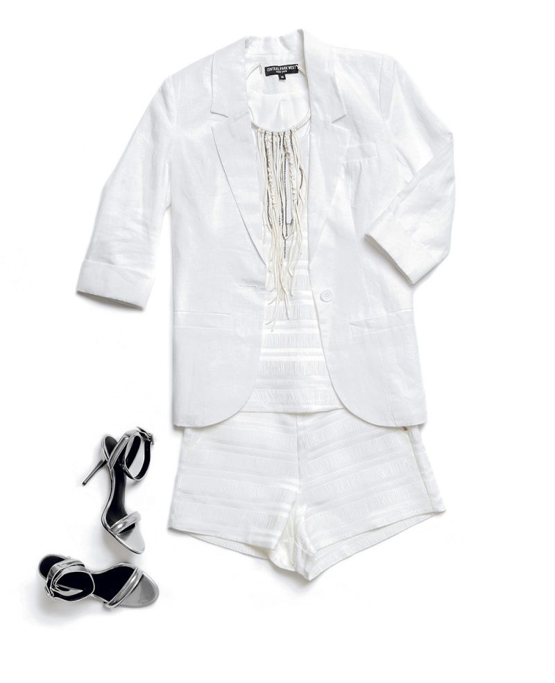Linen jacket by Central Park West, $188 at Finicky Filly; &quot;Marielle&quot; woven top and shorts in off-white by Endless Rose, $56 each at Julep; &quot;Alaia&quot; deerskin-wrapped metal choker with cut crystal strands by Millianna, $173 at Gwynn&#039;s of Mount Pleasant; and &quot;Antonia&quot; silver leather sandals by Alexander Wang, $475 at Hampden Clothing