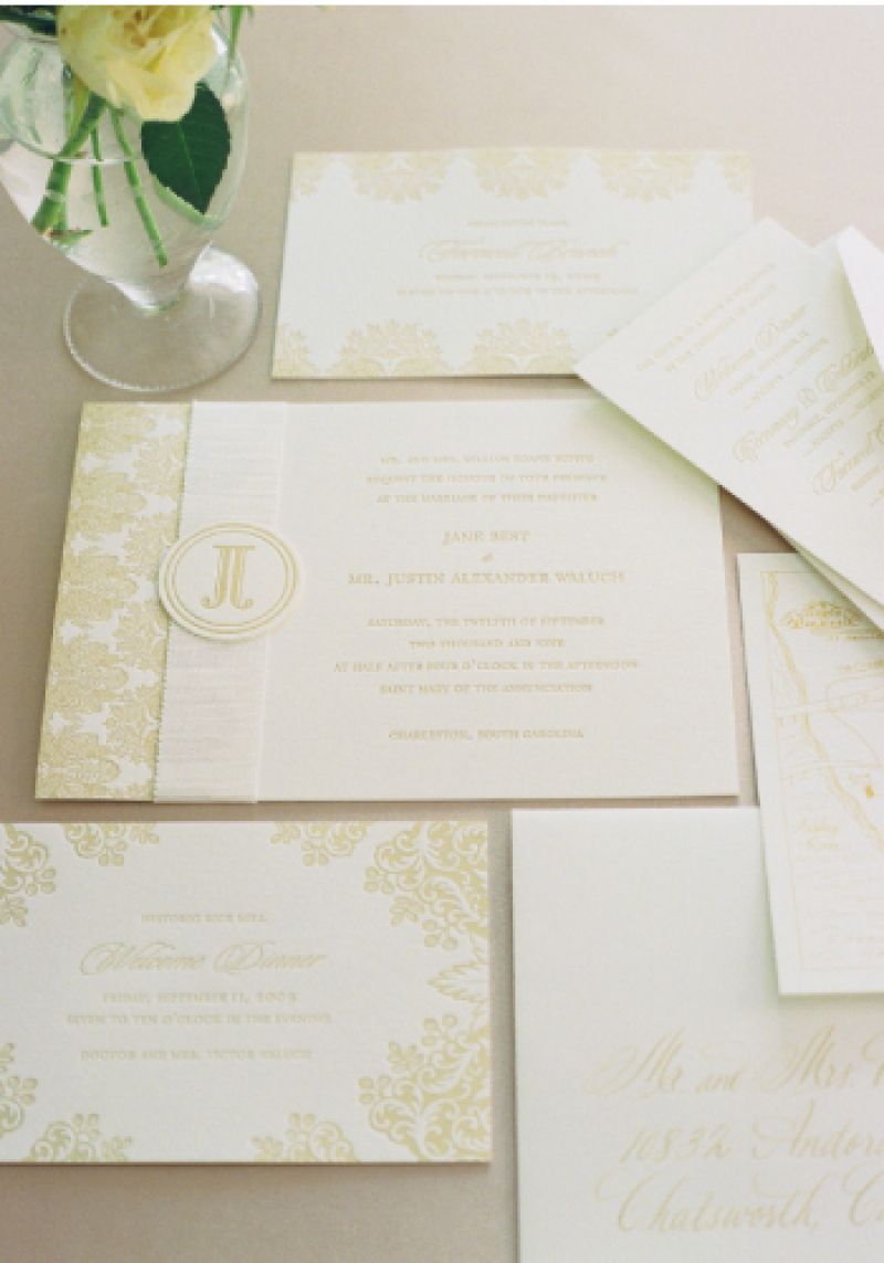 LACED UP: Sideshow Press took inspiration from the lace on Jane’s dress for the pattern on the stationery suite, which also featured a letterpress “JJ” monogram in khaki.