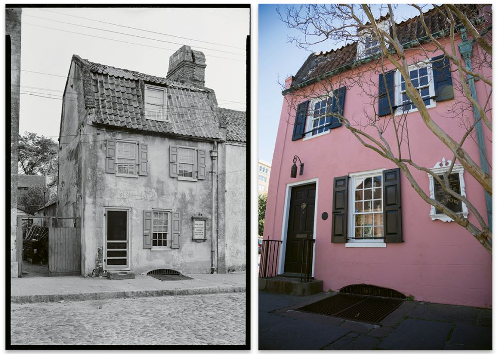The Pink House at 17 Chalmers Street (left to right) documented in 1933 for the Historic American Buildings Survey and present day; Marjorie bought it in May 1930 and hired architect Albert Simons to restore the then-crumbling building and add a kitchen and bath to accommodate caterers, as the home would be used primarily for entertaining.