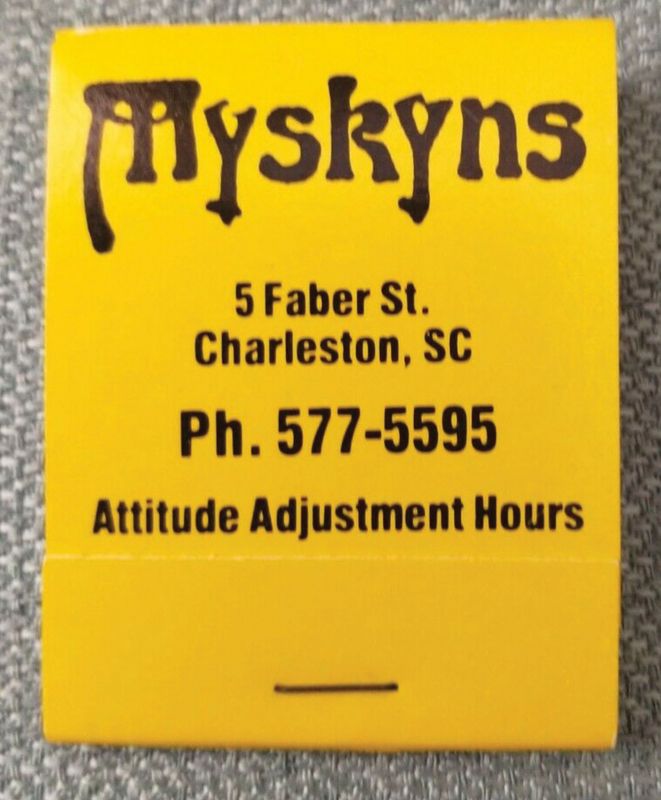 A matchbook from Myskyns Tavern, a legendary venue formerly on Faber Street