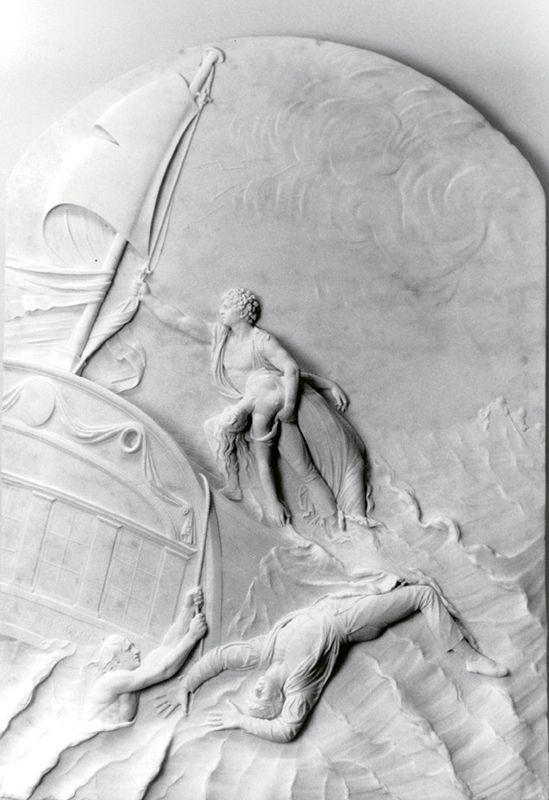 Victor gifted numerous works to the Gibbes, including (above) the 1809 marble relief <em>The Wreck of the Rose in Bloom</em> by Belgian artist John de Vaere.
