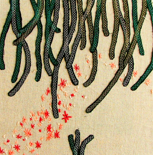 Tendrils, 2011, 10&quot; x 10&quot;, linen, polyester, and embroidery floss