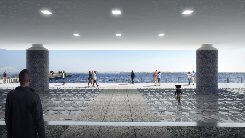 Hallowed Ground: Architectural renderings of the promenade and entrance to the IAAM overlooking Charleston Harbor.